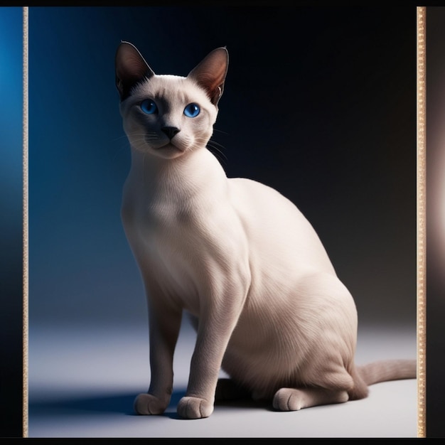 a cat with blue eyes is sitting on a white surface