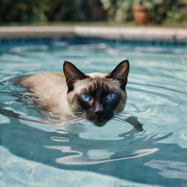 a cat with blue eyes is swimming in a pool