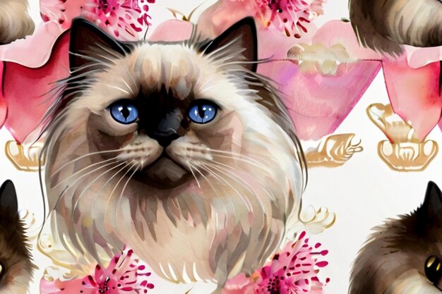 Vector a cat with blue eyes and a pink flowered background