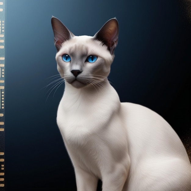 a cat with blue eyes sits on a black background