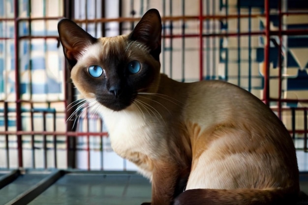 a cat with blue eyes sits in a cage