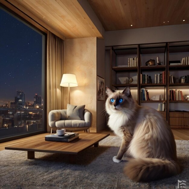 Vector a cat with blue eyes sits on a carpet in front of a window