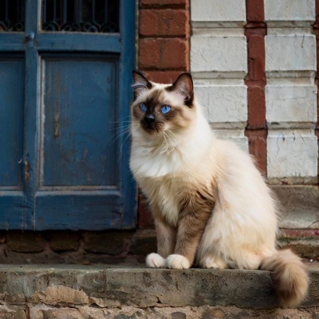 a cat with blue eyes sits on a step outside a building