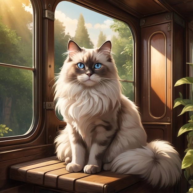 a cat with blue eyes sits on a window sill