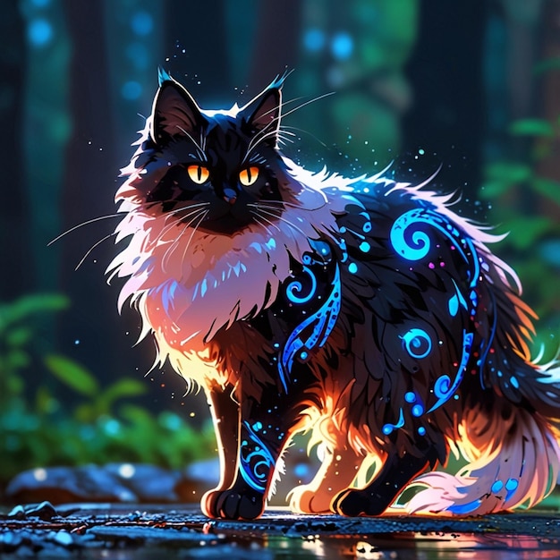 Vector a cat with a blue tail stands in a forest