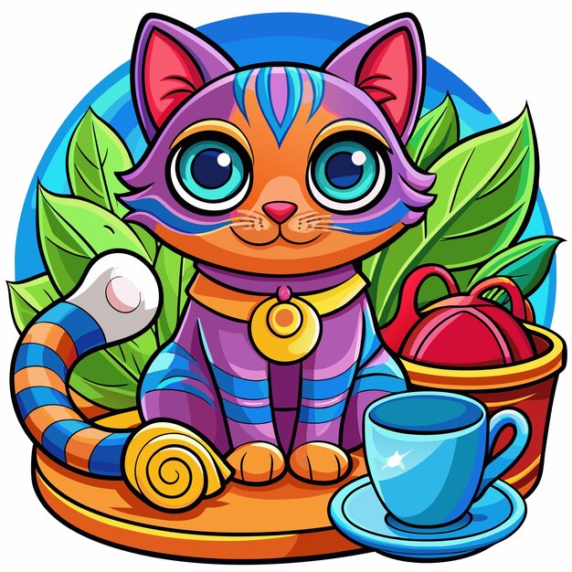 Vector a cat with a bowl of eggs and a cup of tea