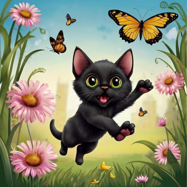 Vector a cat with a butterfly on its back is jumping in the air