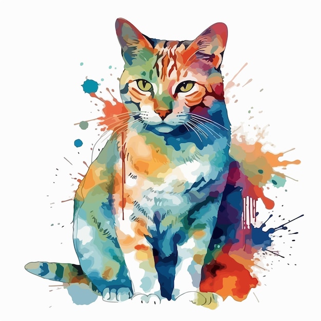 A cat with a colorful face is sitting on a white background.