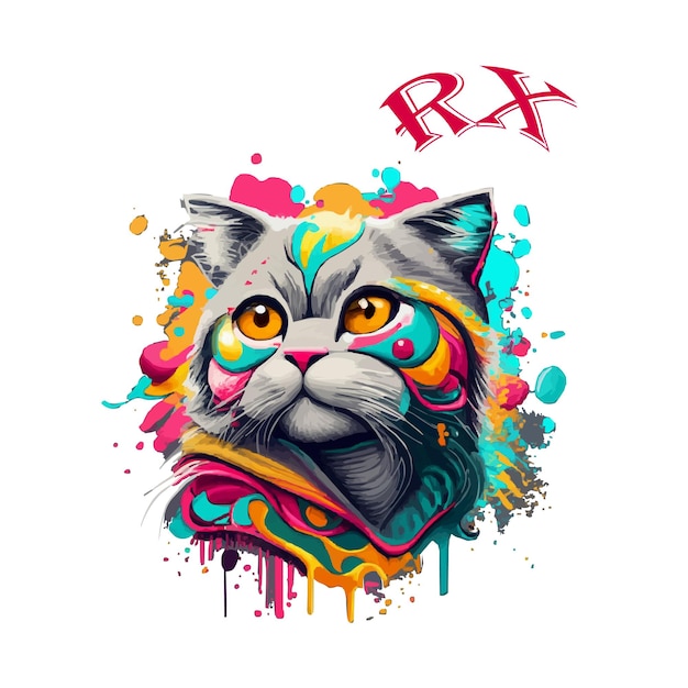 a cat with a colorful head and a colorful shirt with the word r