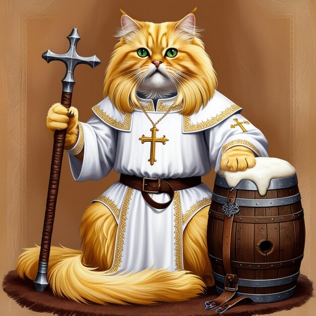 Vector a cat with a cross on his chest sits next to a barrel of whiskey