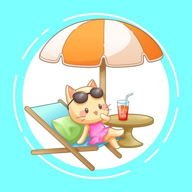 Vector cat with deck chair and umbrella on the beach, vector