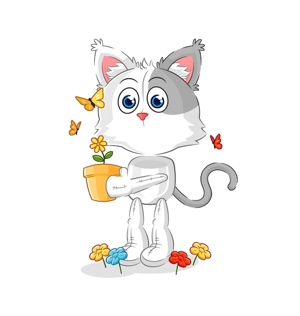 Cat with a flower pot character vector