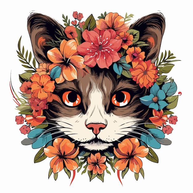 Vector a cat with a flower wreath on its head is shown