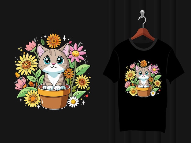 Vector cat with flowers tshirt design artwork