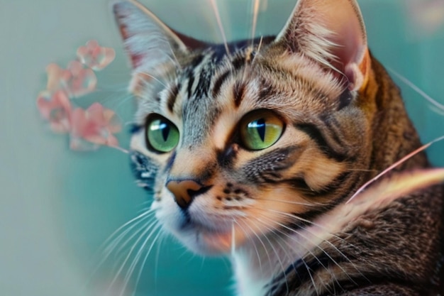 Vector a cat with green eyes and a blue background with a picture of a cat with a flower in the background