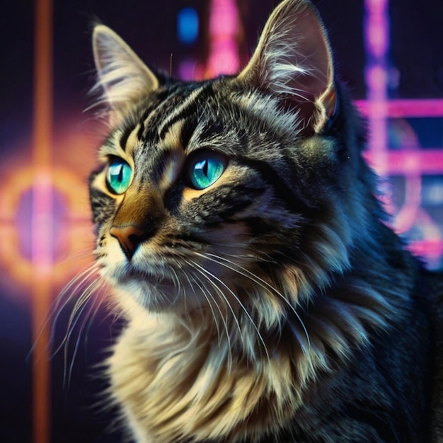 Vector a cat with green eyes and a purple background with a neon sign in the background