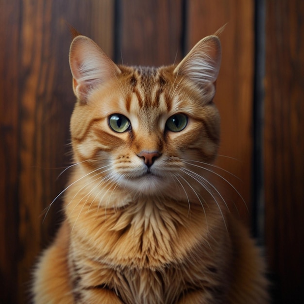 a cat with green eyes sits on a wooden wall