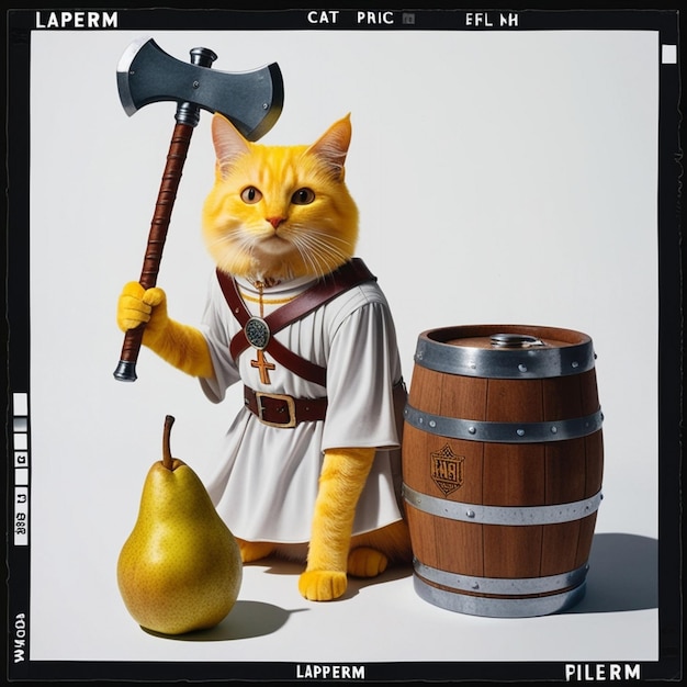 Vector a cat with a hammer and a barrel of whiskey