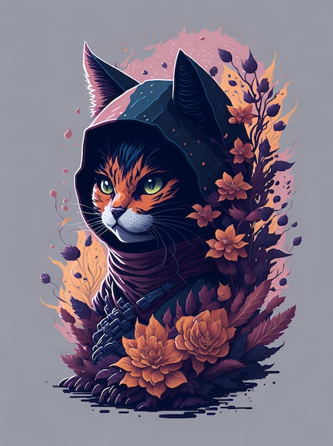 A cat with a hood and a hood is in a flowery background.