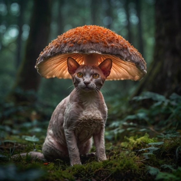 Vector a cat with a mushroom shaped hat on its head is sitting in the forest