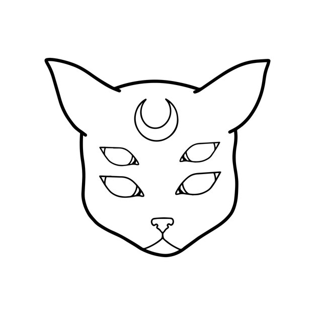 The cat with a mystical mutation with four eyes with the moon on the forehead dudl linear cartoon coloring