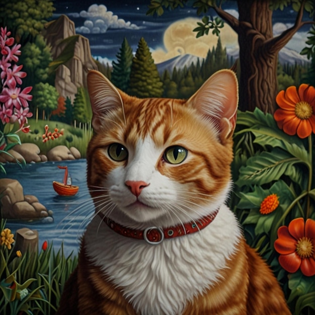 a cat with an orange collar sits in a garden with flowers and trees