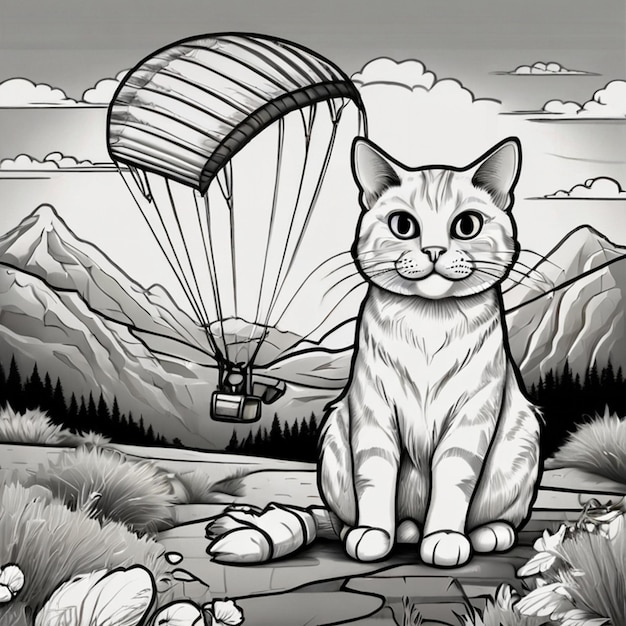 Vector a cat with a parachute and a parachute in the background