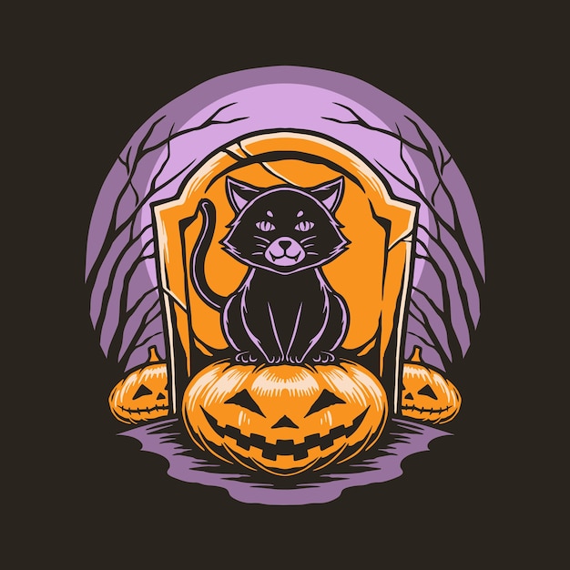 cat with pumpkin halloween concept illustration