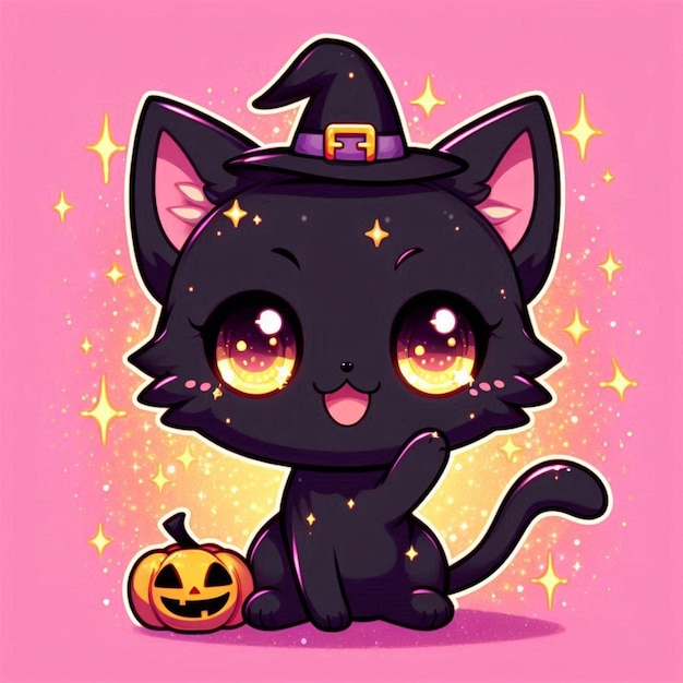 a cat with a pumpkin on its head and a pink background with stars