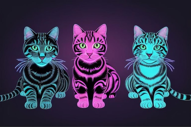 a cat with a purple and blue face and a black background with a pink and blue design