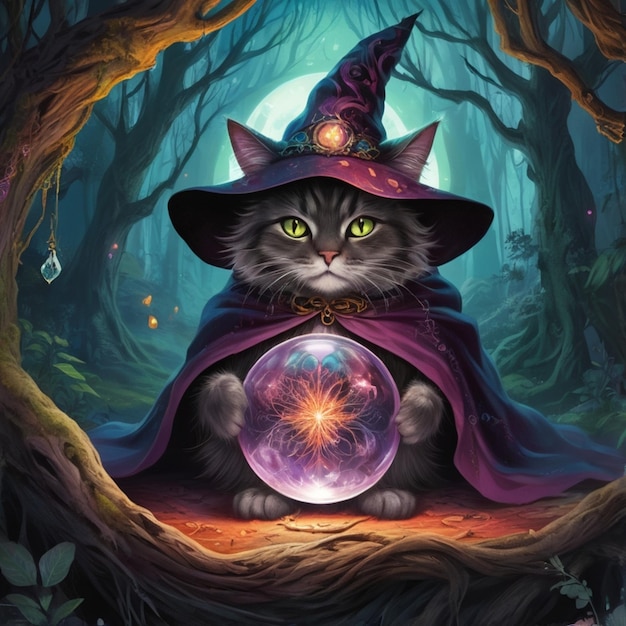 a cat with a purple cape sits in a forest with a ball in its hand