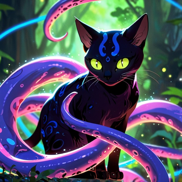 Vector a cat with a purple tail and a black head that says  the black cat