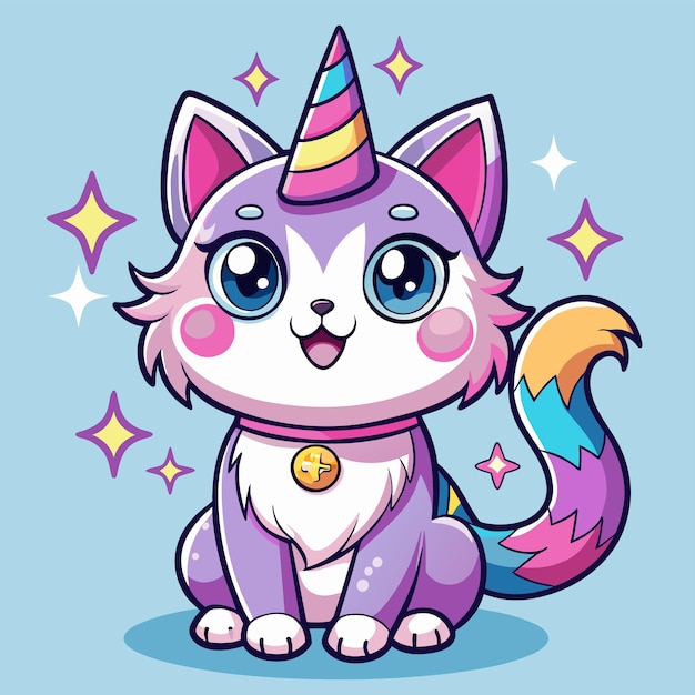 Vector a cat with a rainbow on its neck and a colorful hat on it