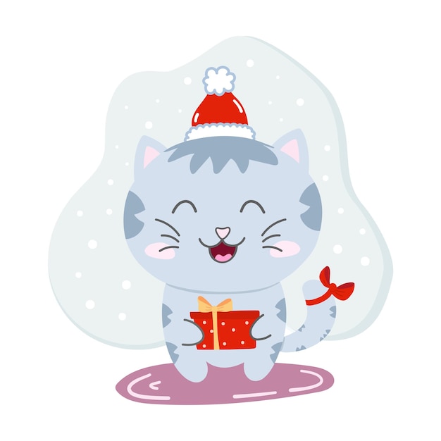 Vector cat with santa hat holding merry christmas gift box funny doodle animal in cartoon styleee friends v