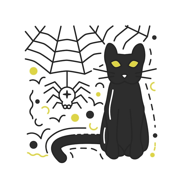 Cat with staring yellow eyes Halloween symbols Black kitten sitting next to spider and spiderweb