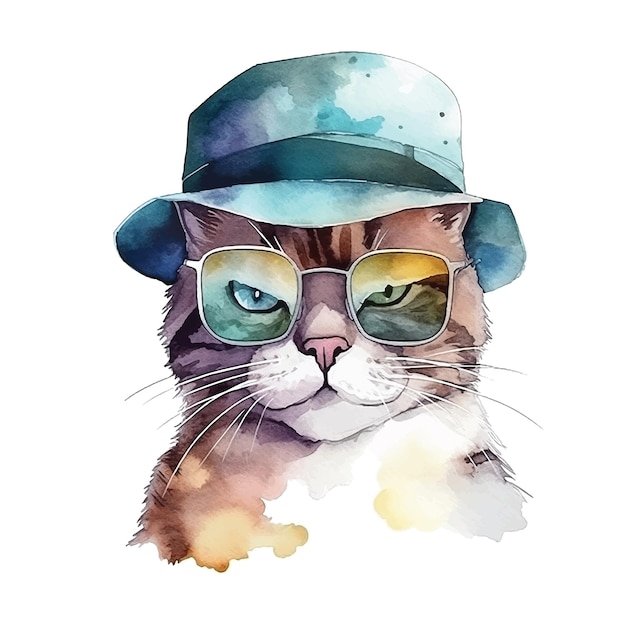 Cat with sunglasses and cap watercolor paint