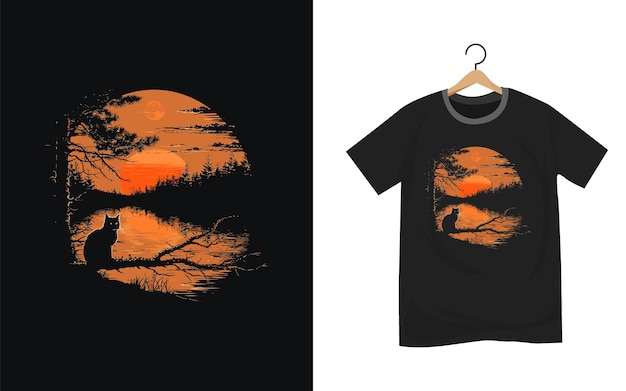 cat with sunset t shirt design template