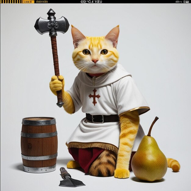 Vector a cat with a sword and a barrel of alcohol