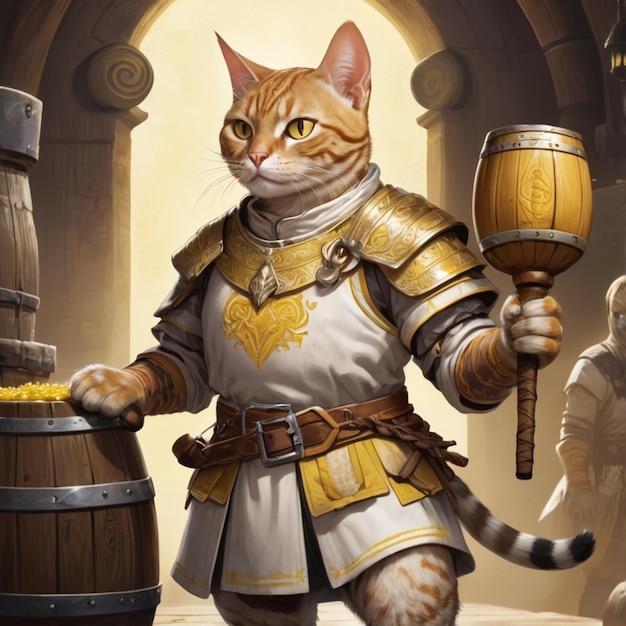 a cat with a sword and a barrel of gold