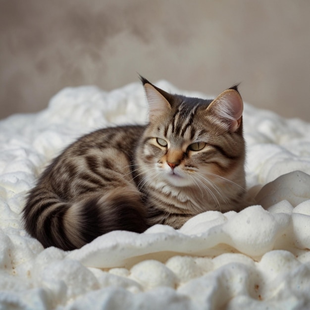 Vector a cat with a white whiskers is laying on a white blanket