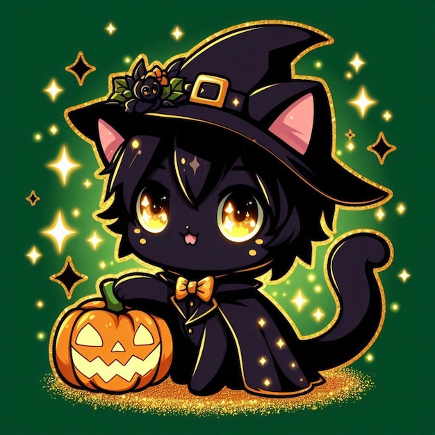 a cat with a witch hat and a pumpkin on it