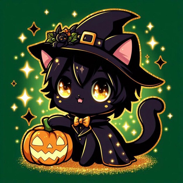 Vector a cat with a witch hat and a pumpkin on it