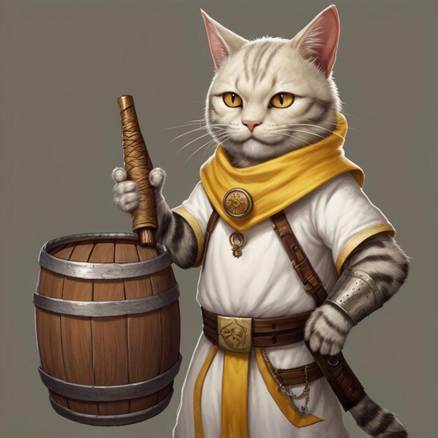 Vector a cat with a yellow collar and a ring around his neck is holding a barrel with a stick