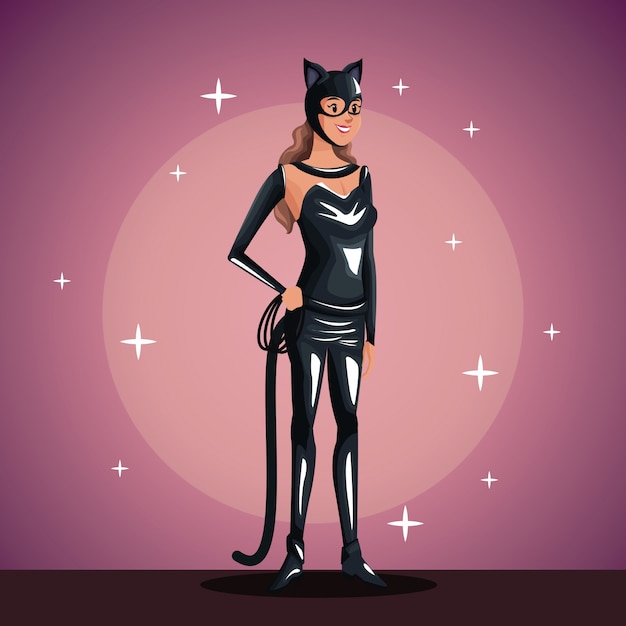 Vector cat woman in costume party in spotlight background 