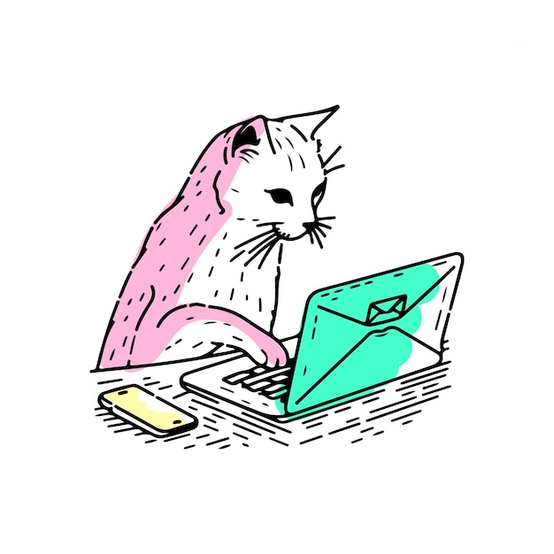 Vector cat working on a laptop and checking mails