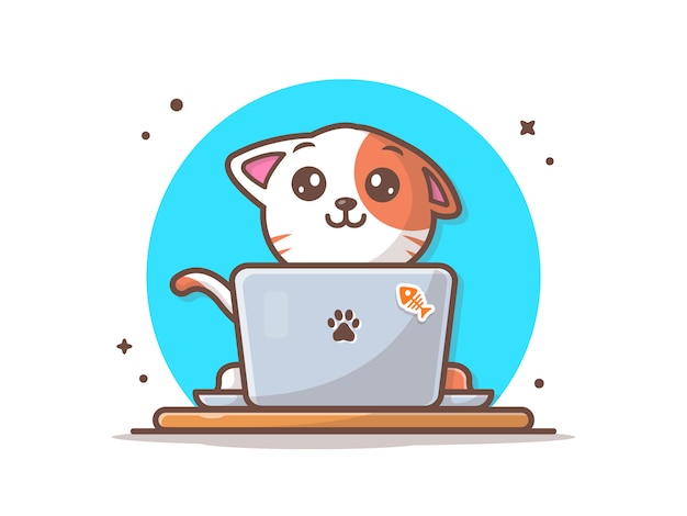 Cat Working On Laptop   Illustration