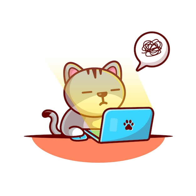 Cat Working on Laptop Vector Illustration. Cat And Laptop. Animal Concept White Isolated