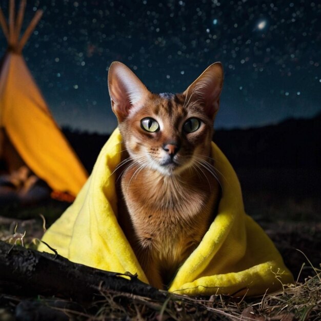 Vector a cat wrapped in a yellow blanket under a tent with a tent in the background