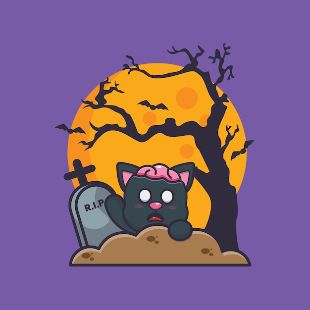 cat zombie rise of graveyard cute halloween cartoon illustration