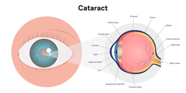 Vector cataract vision disorder problem with eye anatomy